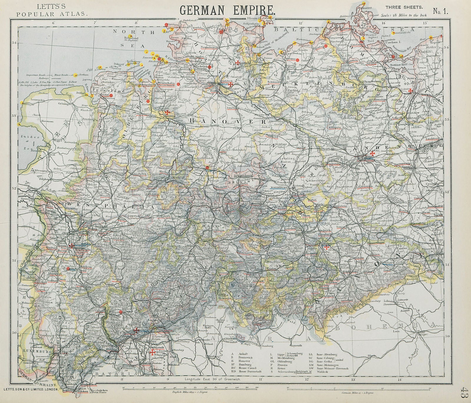 GERMAN EMPIRE. Prussian Provinces. Lighthouses. British consuls. LETTS 1884 map